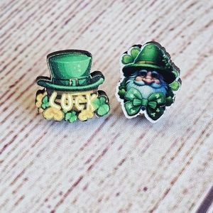 NWT Asymmetrical Green & Gold Lucky Leprechaun Wooden Stud Earrings